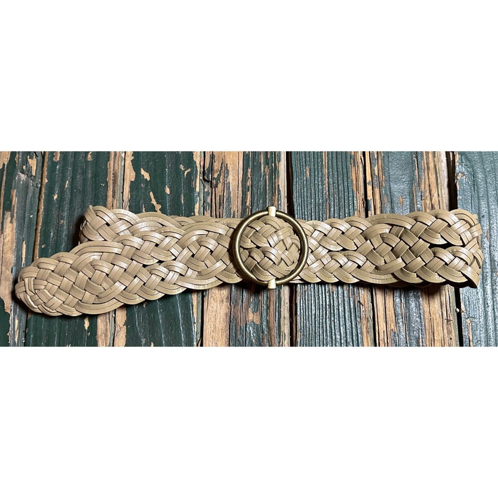 Talbots Womens Olive Green Braided Leather Belt Size M Brass Buckle‎ Wide Woven